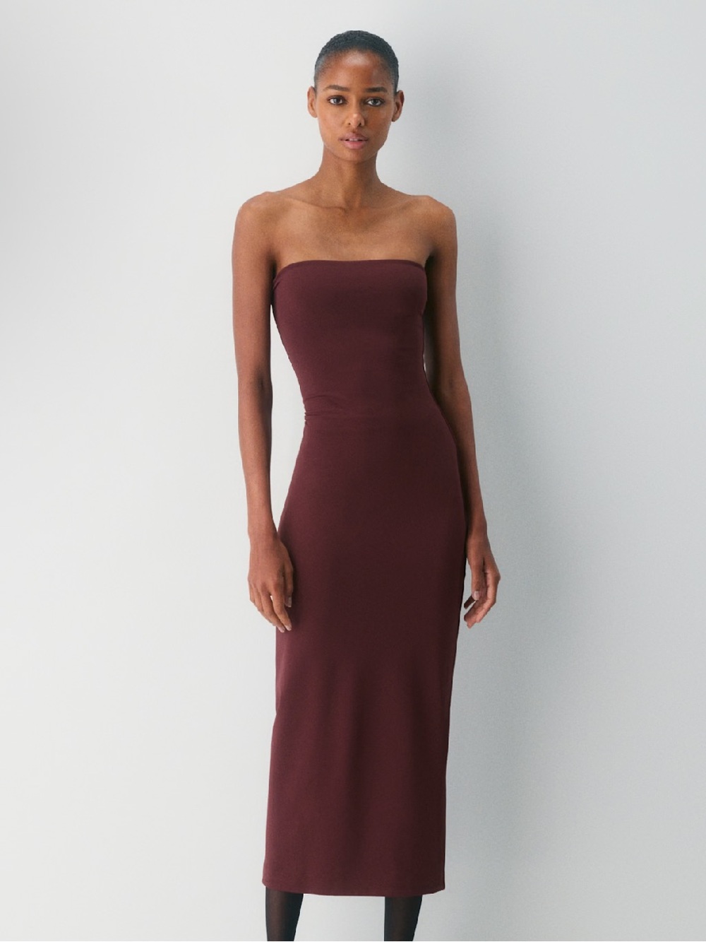 Aritzia Strapless Midi Tube Dress in Burgundy